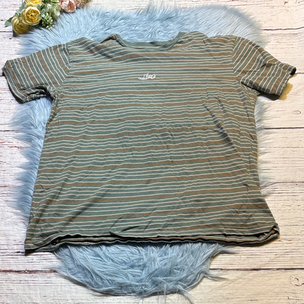 …Lost Olive Green and White Striped Tee with Script Tag sz L